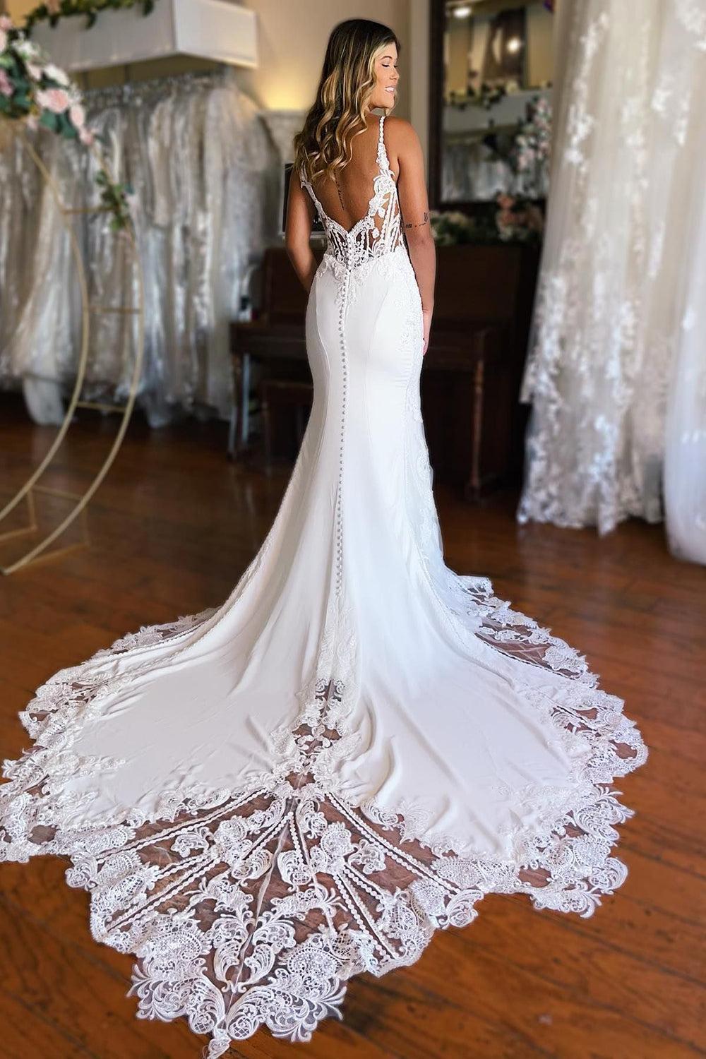 Bohemian White Mermaid Spaghetti Straps Beach Wedding Dress with Lace Embellishments