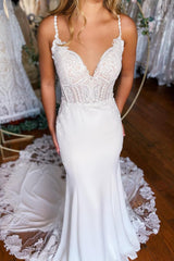 Bohemian White Mermaid Spaghetti Straps Beach Wedding Dress with Lace Embellishments