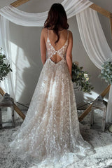 Boho A-Line Ivory Spaghetti Straps Long Beach Wedding Dress with Appliques