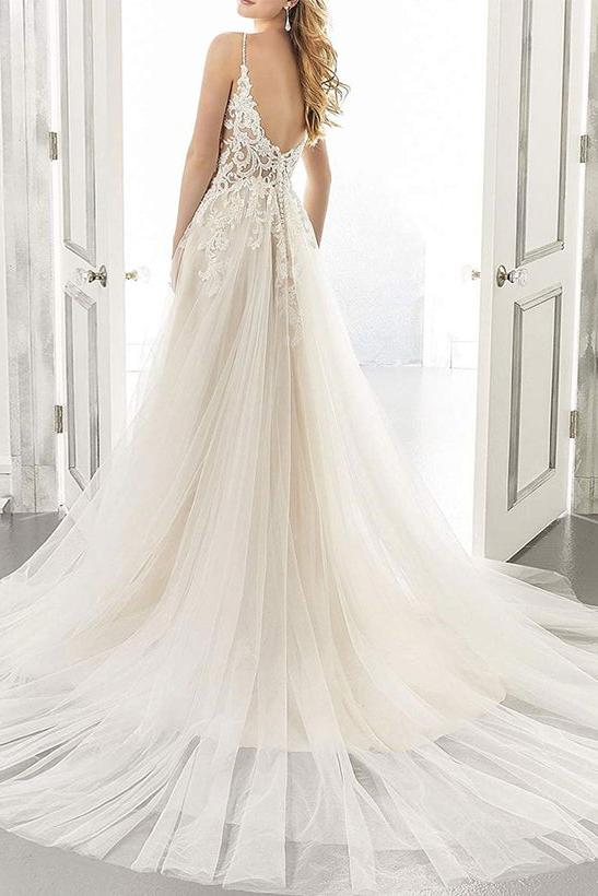 Boho A-Line Sweetheart Sleeveless Tulle Wedding Dresses With Appliques Lace