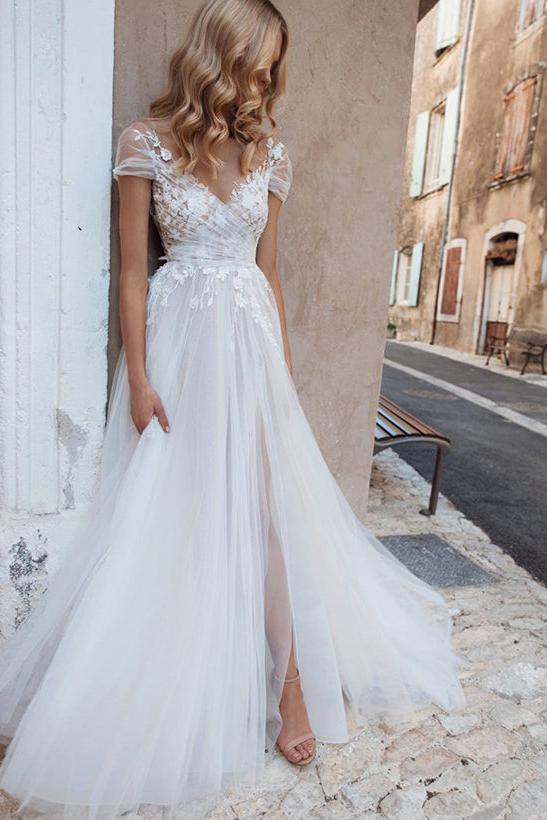 Boho A-Line V-Neck Short Sleeves Lace and Tulle Wedding Dresses With Front Split