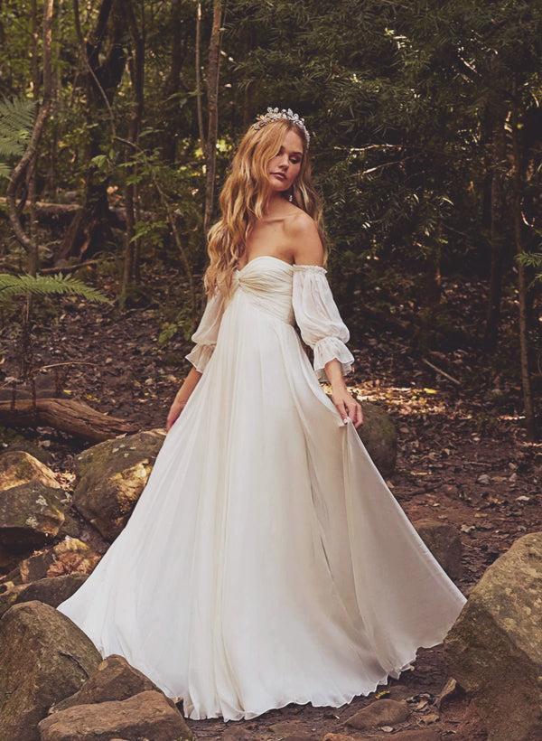Boho Beach Wedding Dresses: Off-the-Shoulder Long Sleeves with Chiffon Sweep Train