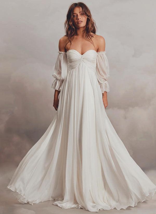 Boho Beach Wedding Dresses: Off-the-Shoulder Long Sleeves with Chiffon Sweep Train