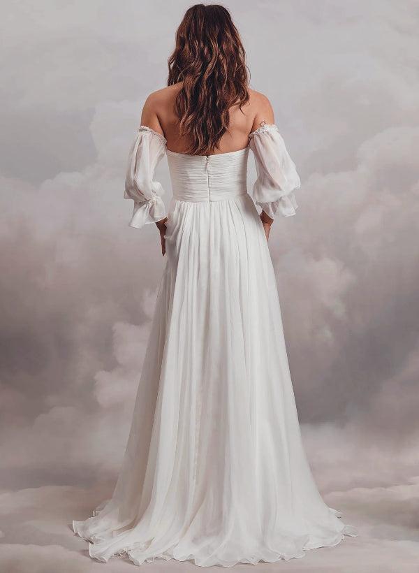 Boho Beach Wedding Dresses: Off-the-Shoulder Long Sleeves with Chiffon Sweep Train
