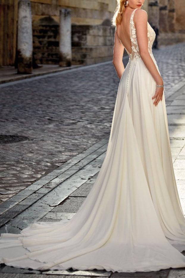 Boho Lace A-Line Open Back Beach Wedding Dresses
