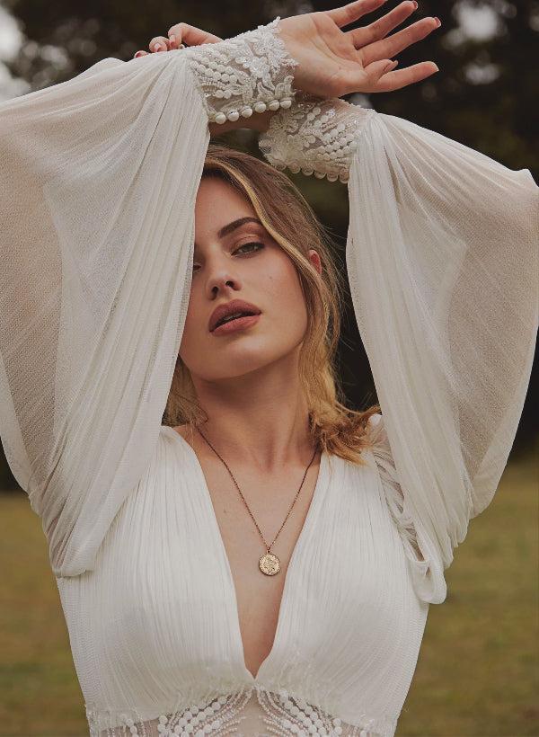 Boho Lace Beach Wedding Dress with V-Neck and Long Sleeves