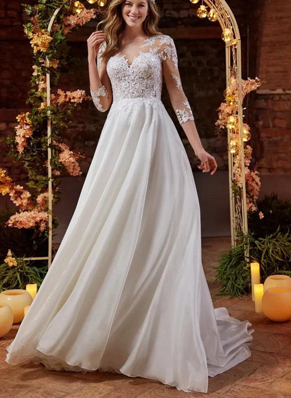 Boho Lace Beach Wedding Dresses With 3/4 Sleeves
