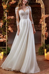 Boho Lace Beach Wedding Dresses With 3/4 Sleeves