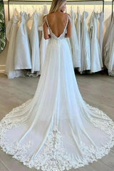 Boho Lace Open Back Beach Wedding Dresses With Slit