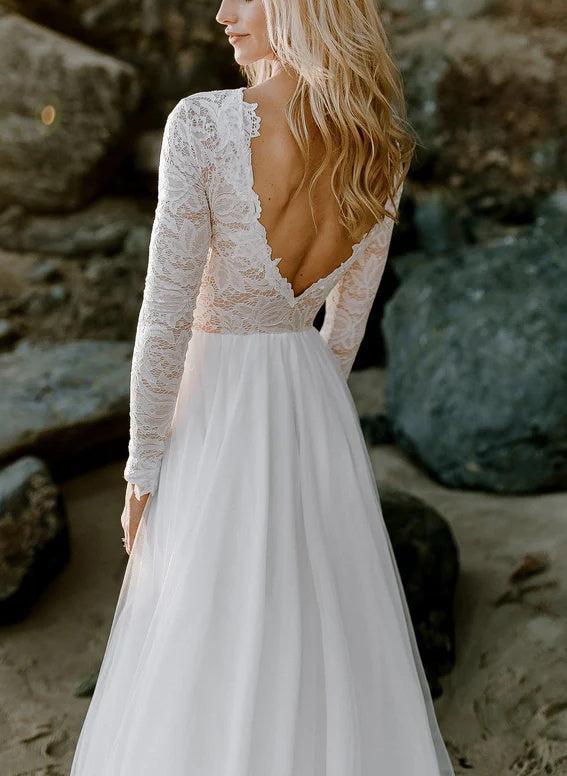 Boho Lace Tulle A-Line Beach Wedding Dresses Long Sleeves