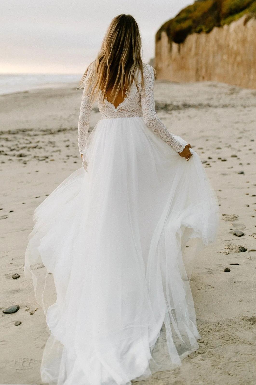 Boho Lace Tulle A-Line Beach Wedding Dresses Long Sleeves