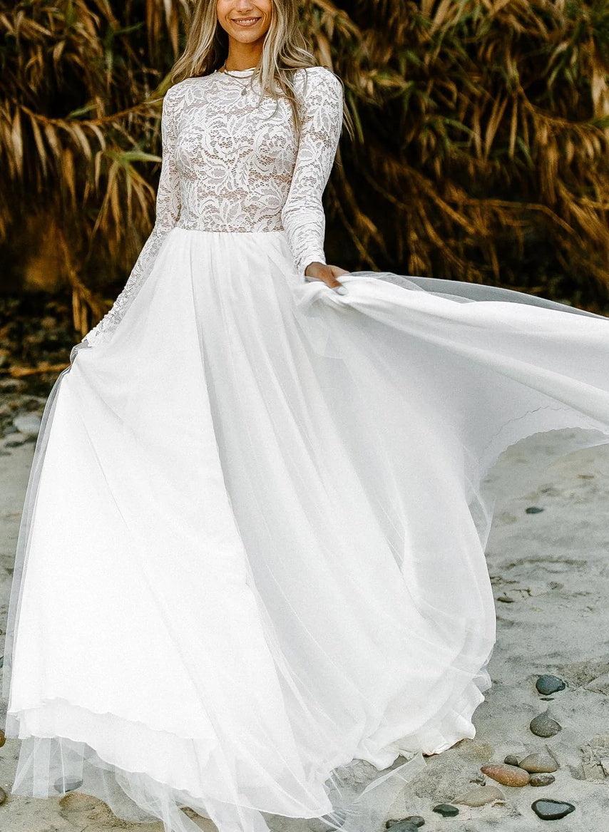 Boho Lace Tulle A-Line Beach Wedding Dresses Long Sleeves