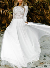 Boho Lace Tulle A-Line Beach Wedding Dresses Long Sleeves