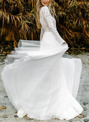 Boho Lace Tulle A-Line Beach Wedding Dresses Long Sleeves