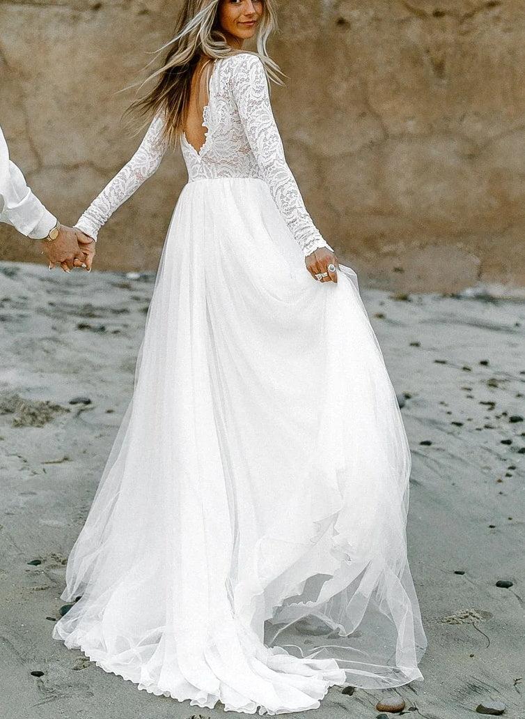 Boho Lace Tulle A-Line Beach Wedding Dresses Long Sleeves