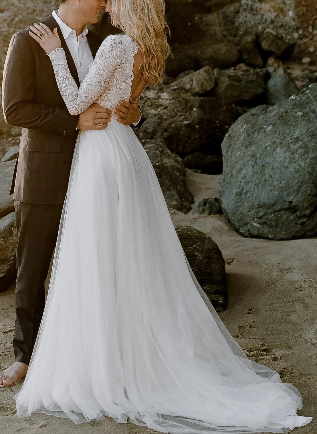 Boho Lace Tulle A-Line Beach Wedding Dresses Long Sleeves