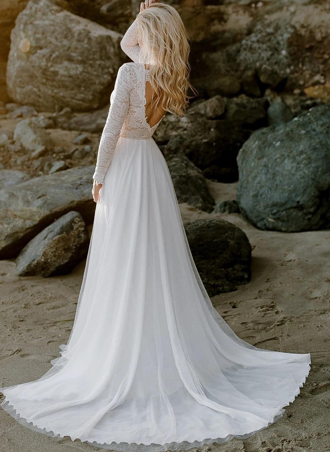 Boho Lace Tulle A-Line Beach Wedding Dresses Long Sleeves