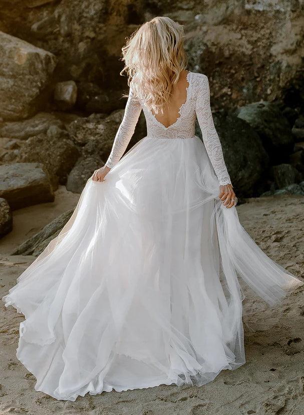 Boho Lace Tulle A-Line Beach Wedding Dresses Long Sleeves