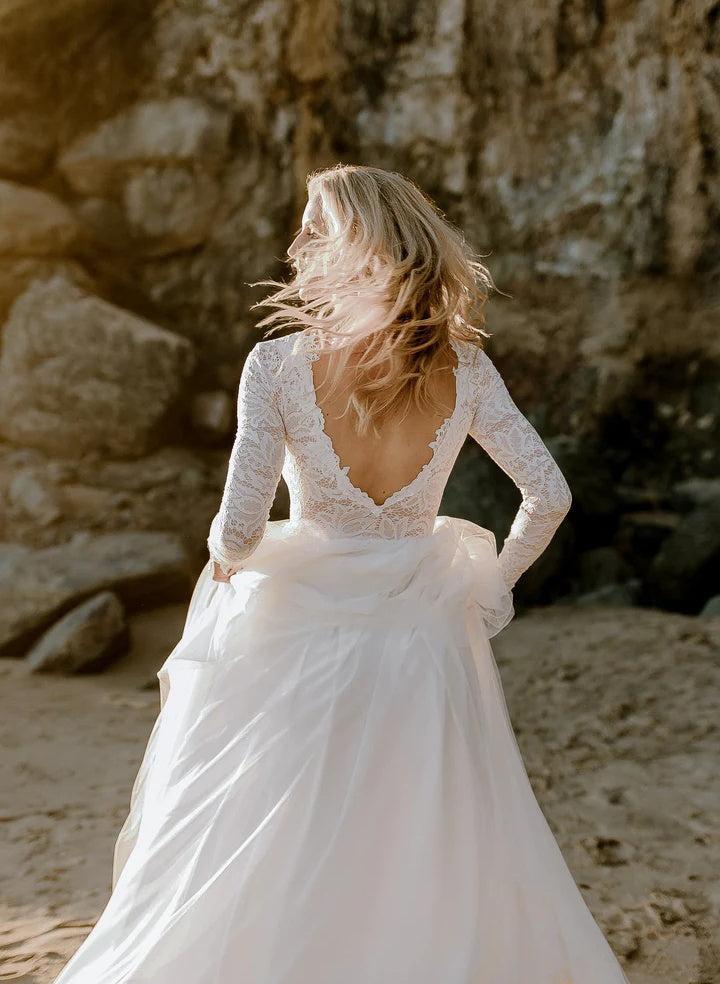 Boho Lace Tulle A-Line Beach Wedding Dresses Long Sleeves