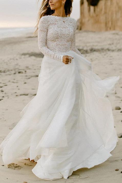 Dreamyannie Women Beach Wedding Dress Boho Lace Tulle A-Line Bridal Dress  Long Sleeves  Dreamyannie UK