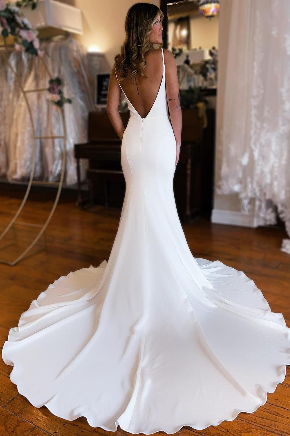 Boho Simple White Mermaid Backless Beach Wedding Dress
