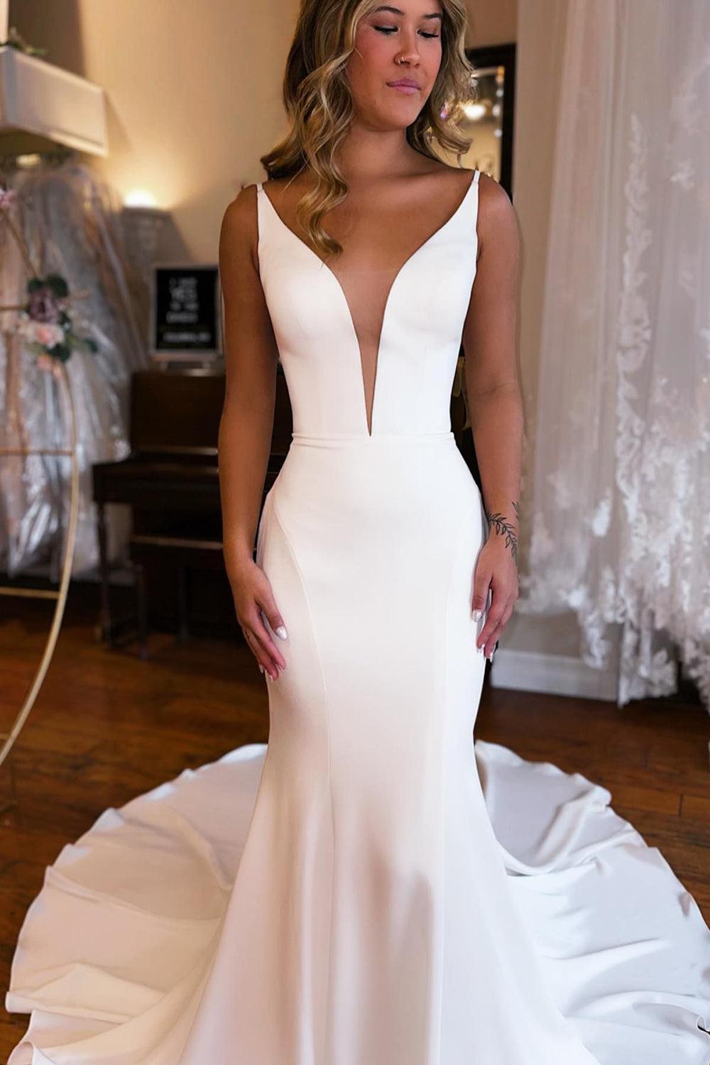 Boho Simple White Mermaid Backless Beach Wedding Dress