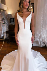 Boho Simple White Mermaid Backless Beach Wedding Dress