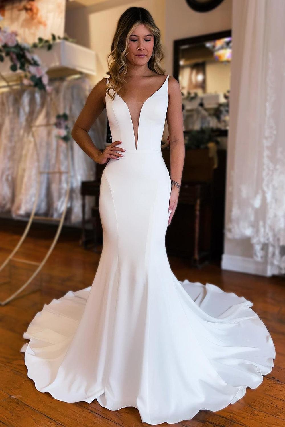 Boho Simple White Mermaid Backless Beach Wedding Dress