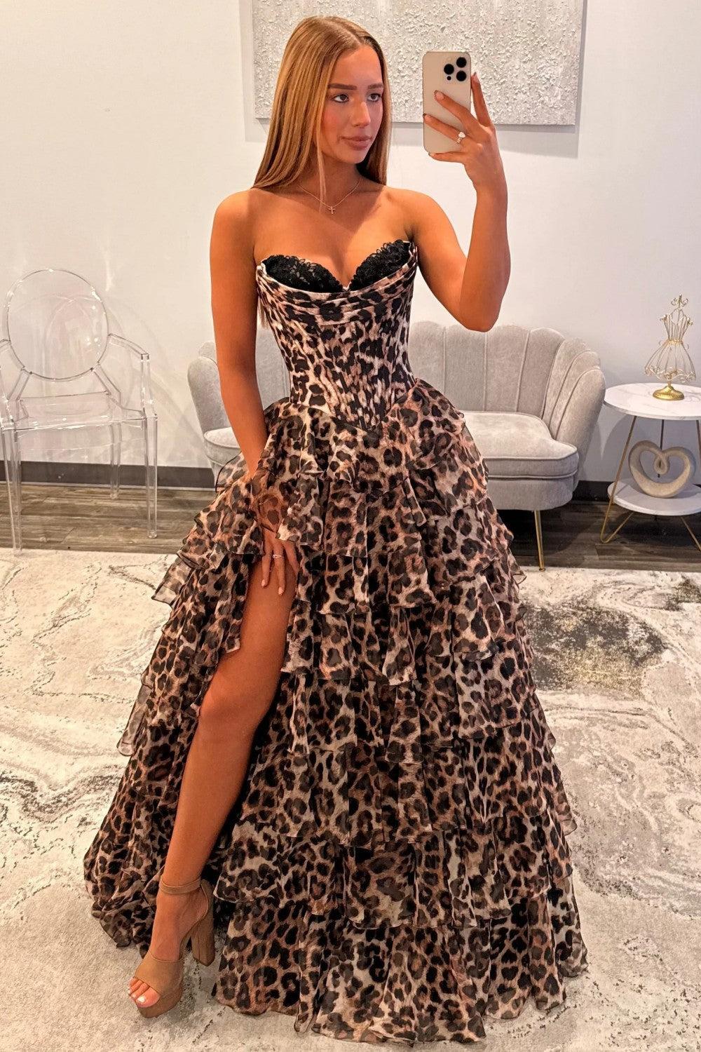 Bold Leopard Sweetheart Corset Prom Dress With Layered Ruffle Skirt Formal Evening Gown
