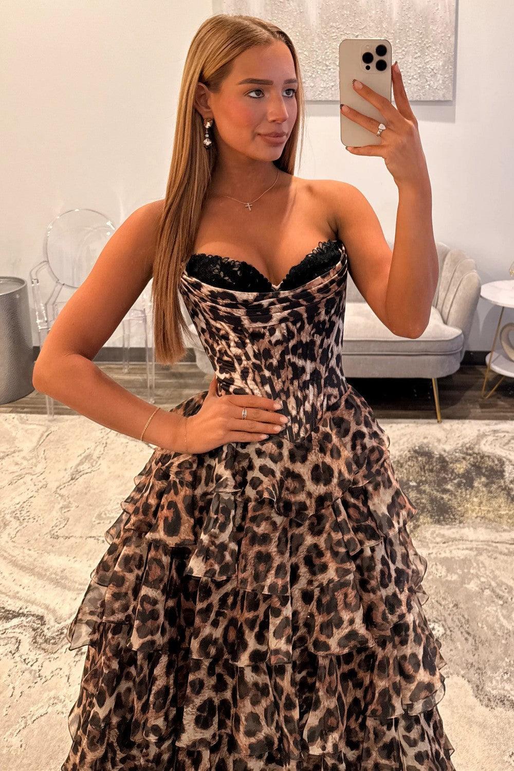 Bold Leopard Sweetheart Corset Prom Dress With Layered Ruffle Skirt Formal Evening Gown