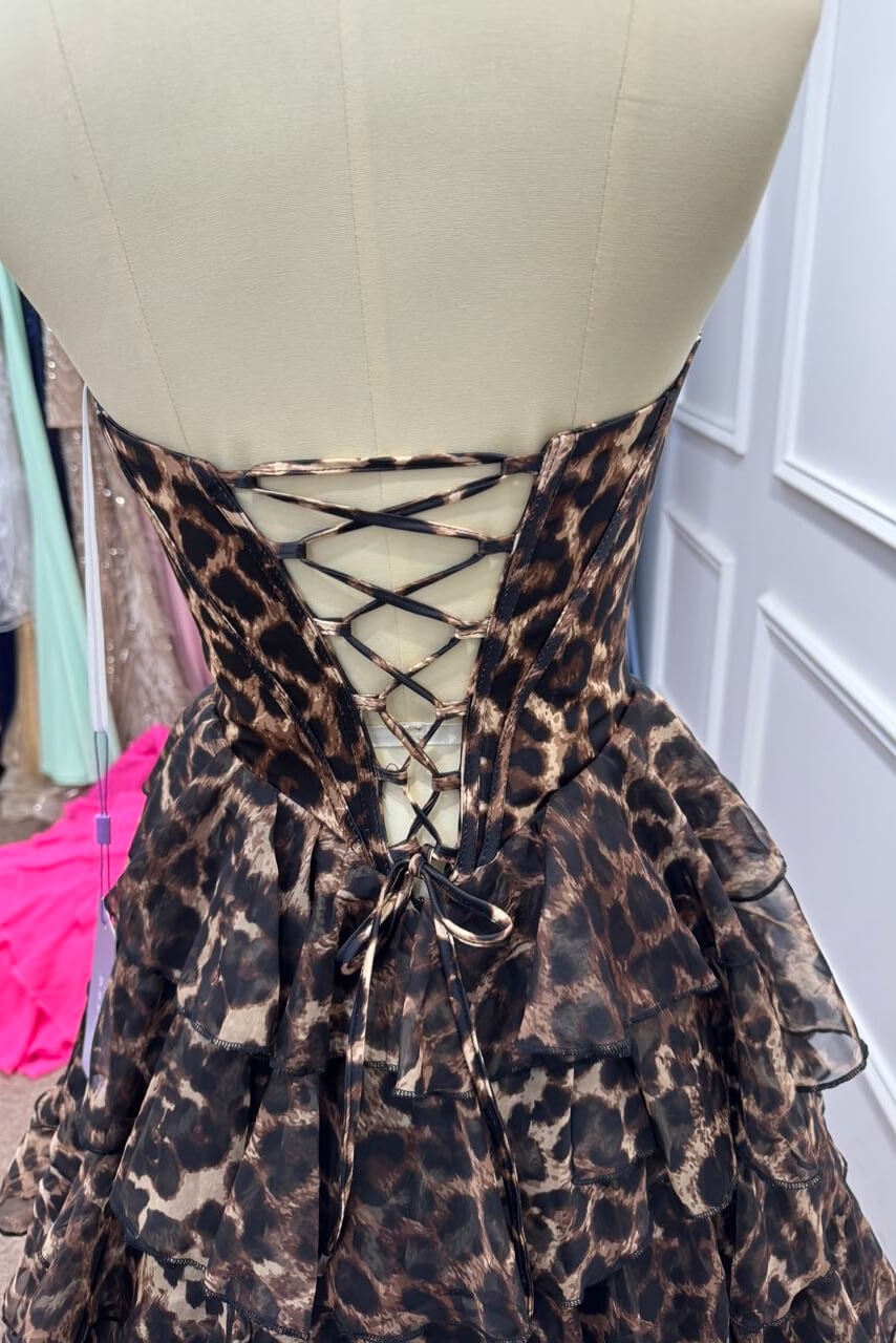 Bold Leopard Sweetheart Corset Prom Dress With Layered Ruffle Skirt Formal Evening Gown