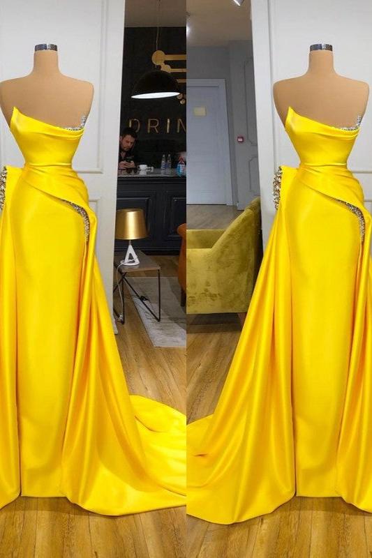Bright Yellow Strapless Metallic Sequin Overskirt Prom Dress