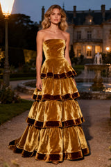Brown A-Line Strapless Tiered Long Velvet Holiday Party Dress