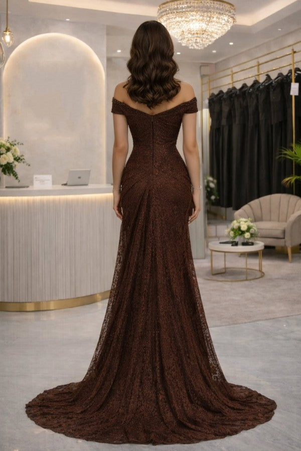 Brown Lace Mermaid Prom Dress with Off Shoulder and Plunging V Neck