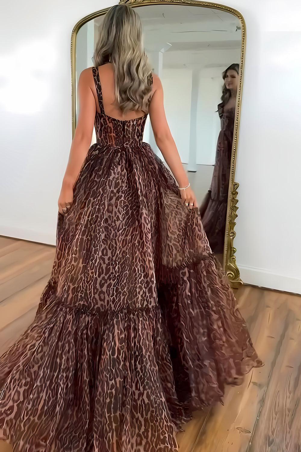 Brown Leopard Print Strappy Prom Dress With Flowing Tiered Train Formal Evening Gown