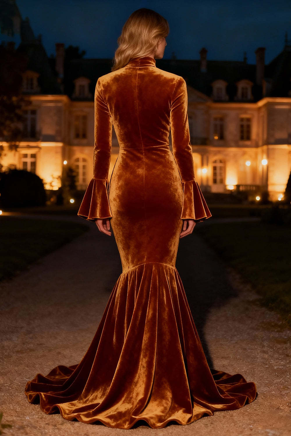 Brown Mermaid High Neck Long Velvet Holiday Party Dress With Slit