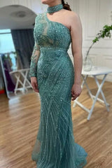 Brown Mermaid Prom Dress Long Sleeve Halter Neck Evening Dress With Lace Appliques