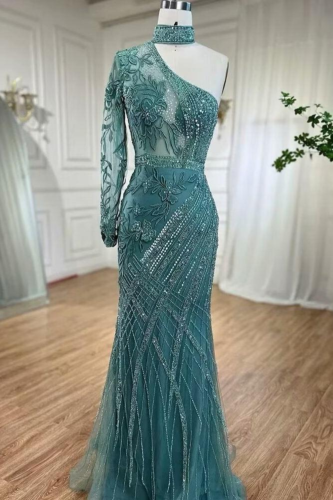 Brown Mermaid Prom Dress Long Sleeve Halter Neck Evening Dress With Lace Appliques
