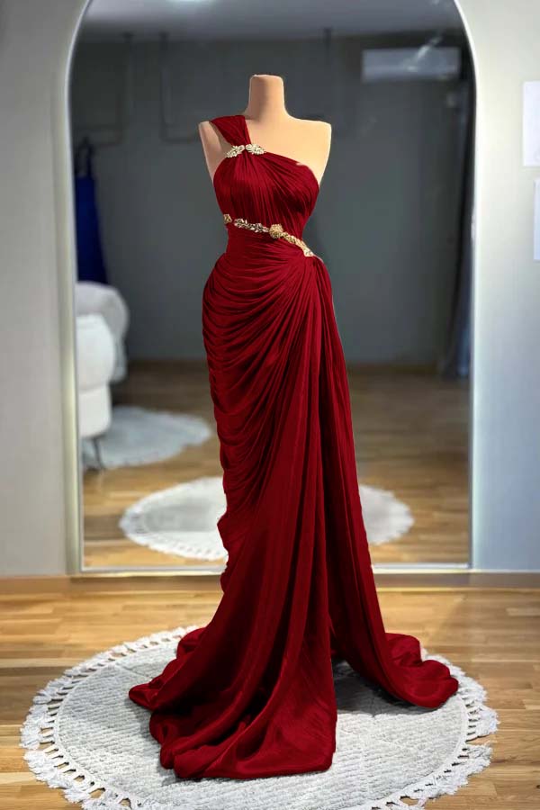 Brown Mermaid Prom Dress Sleeveless One Shoulder Beaded Evening Dress