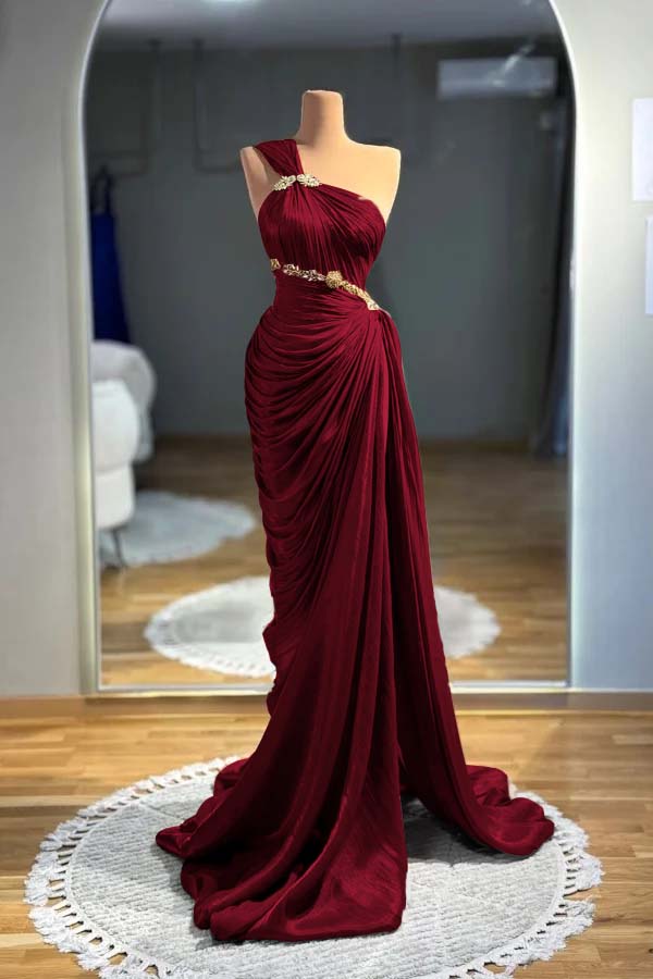 Brown Mermaid Prom Dress Sleeveless One Shoulder Beaded Evening Dress