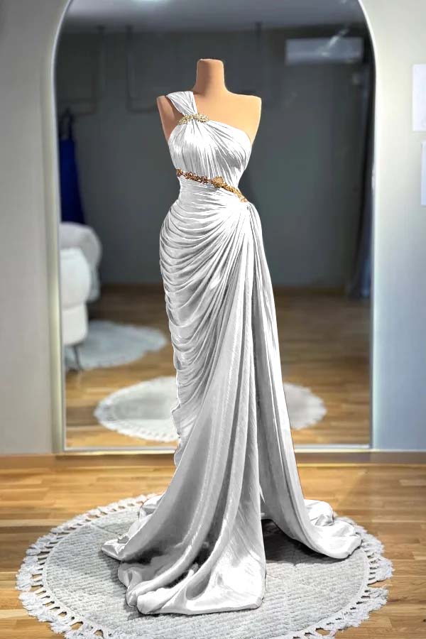 Brown Mermaid Prom Dress Sleeveless One Shoulder Beaded Evening Dress