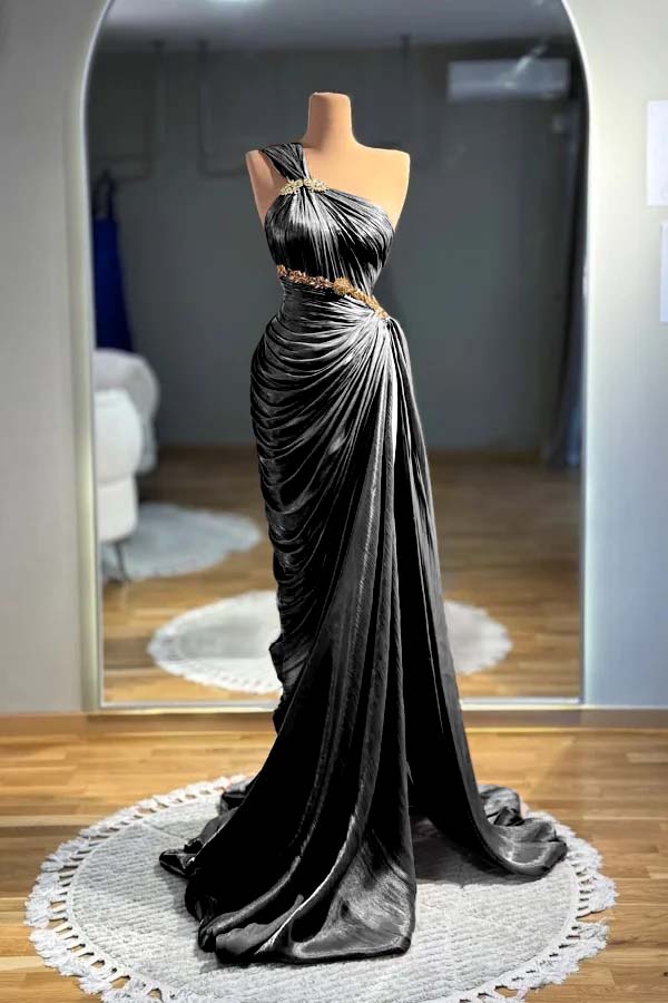 Brown Mermaid Prom Dress Sleeveless One Shoulder Beaded Evening Dress