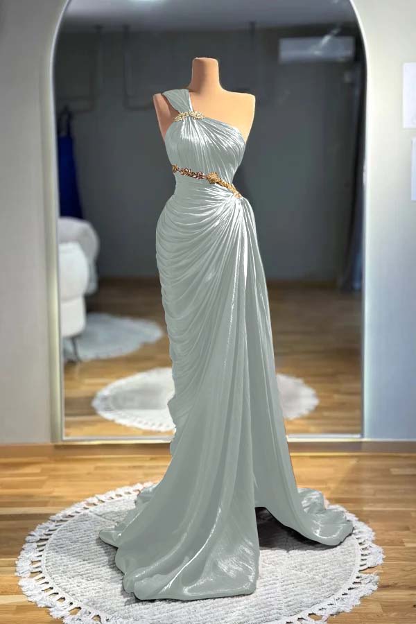 Brown Mermaid Prom Dress Sleeveless One Shoulder Beaded Evening Dress
