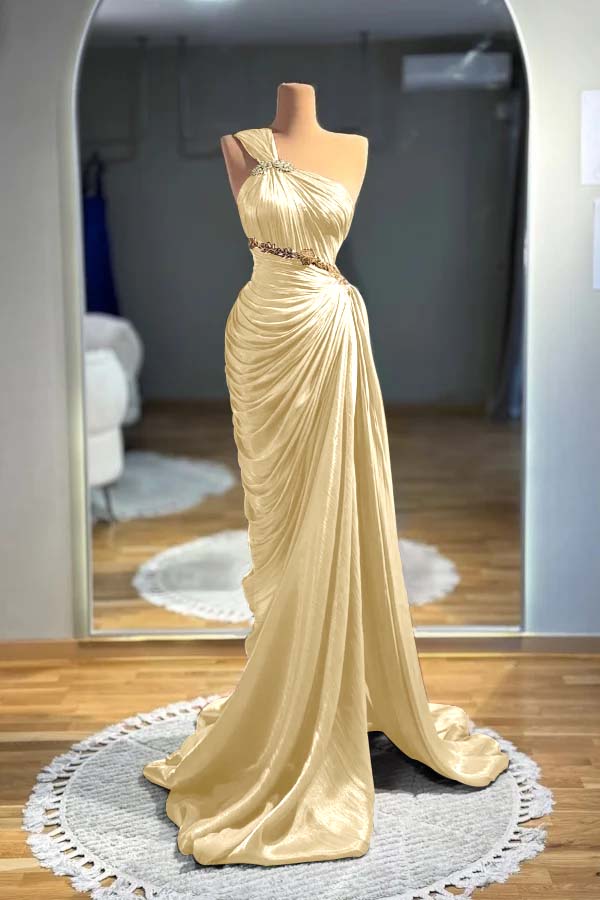 Brown Mermaid Prom Dress Sleeveless One Shoulder Beaded Evening Dress