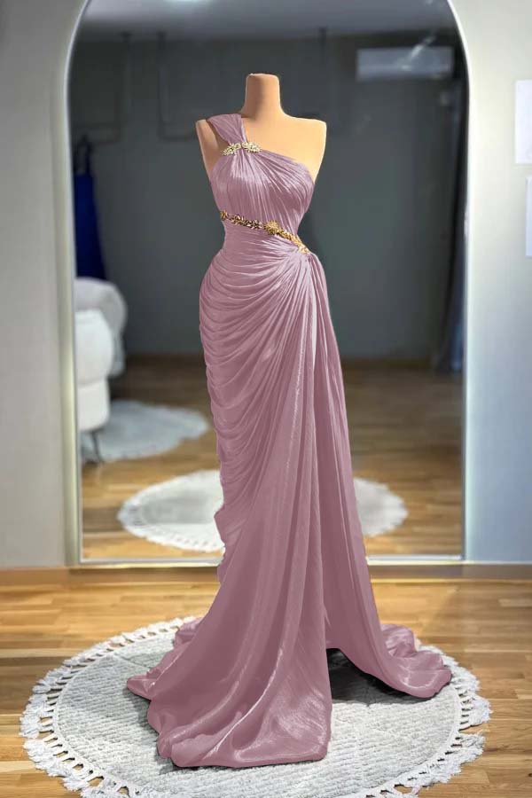 Brown Mermaid Prom Dress Sleeveless One Shoulder Beaded Evening Dress