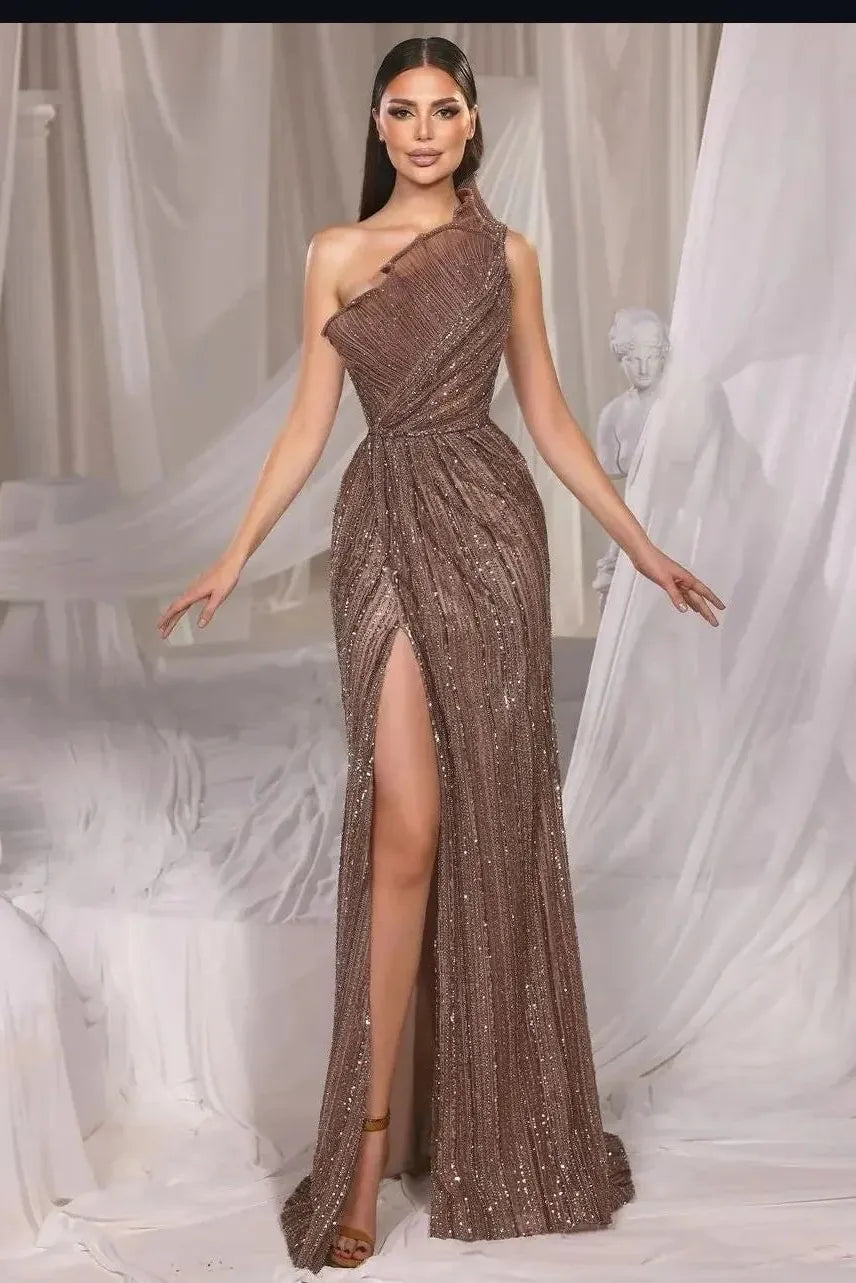 Brown Mermaid Prom Dress Sleeveless One Shoulder Sequined Evening Dress