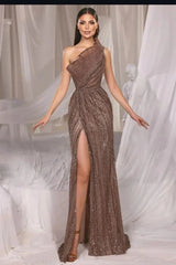 Brown Mermaid Prom Dress Sleeveless One Shoulder Sequined Evening Dress