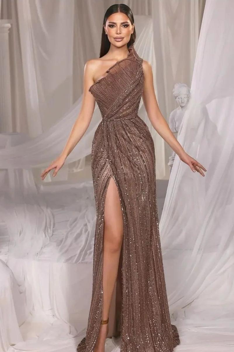 Brown Mermaid Prom Dress Sleeveless One Shoulder Sequined Evening Dress