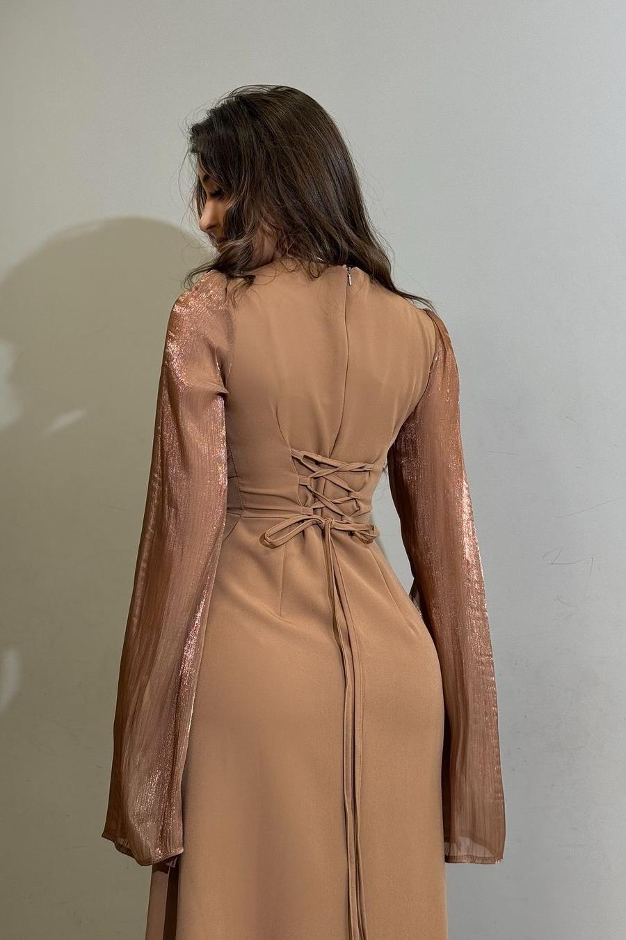 Brown Sheath/Column Prom Dress Long Sleeve Satin Evening Dress