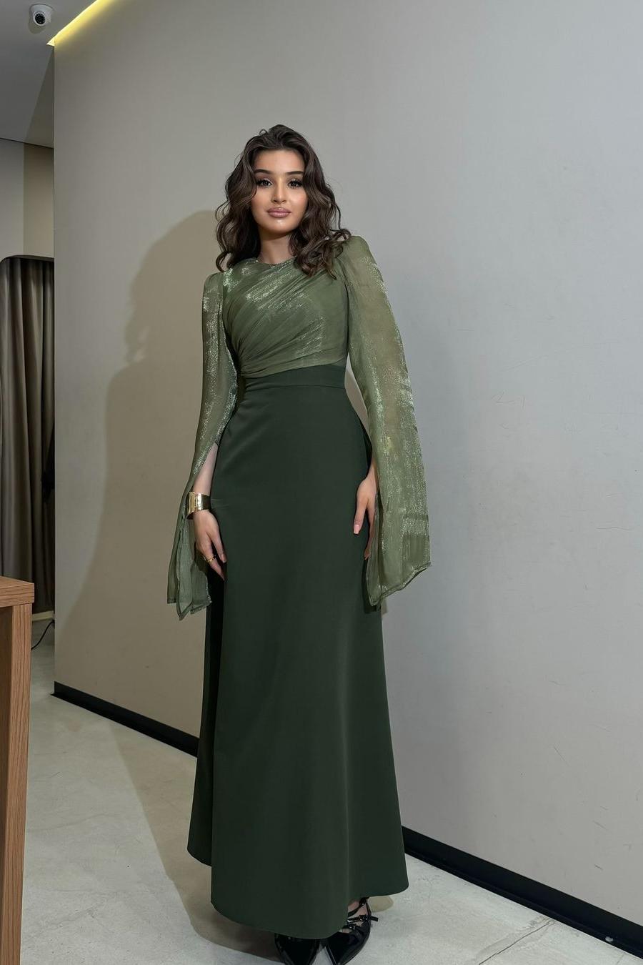Brown Sheath/Column Prom Dress Long Sleeve Satin Evening Dress